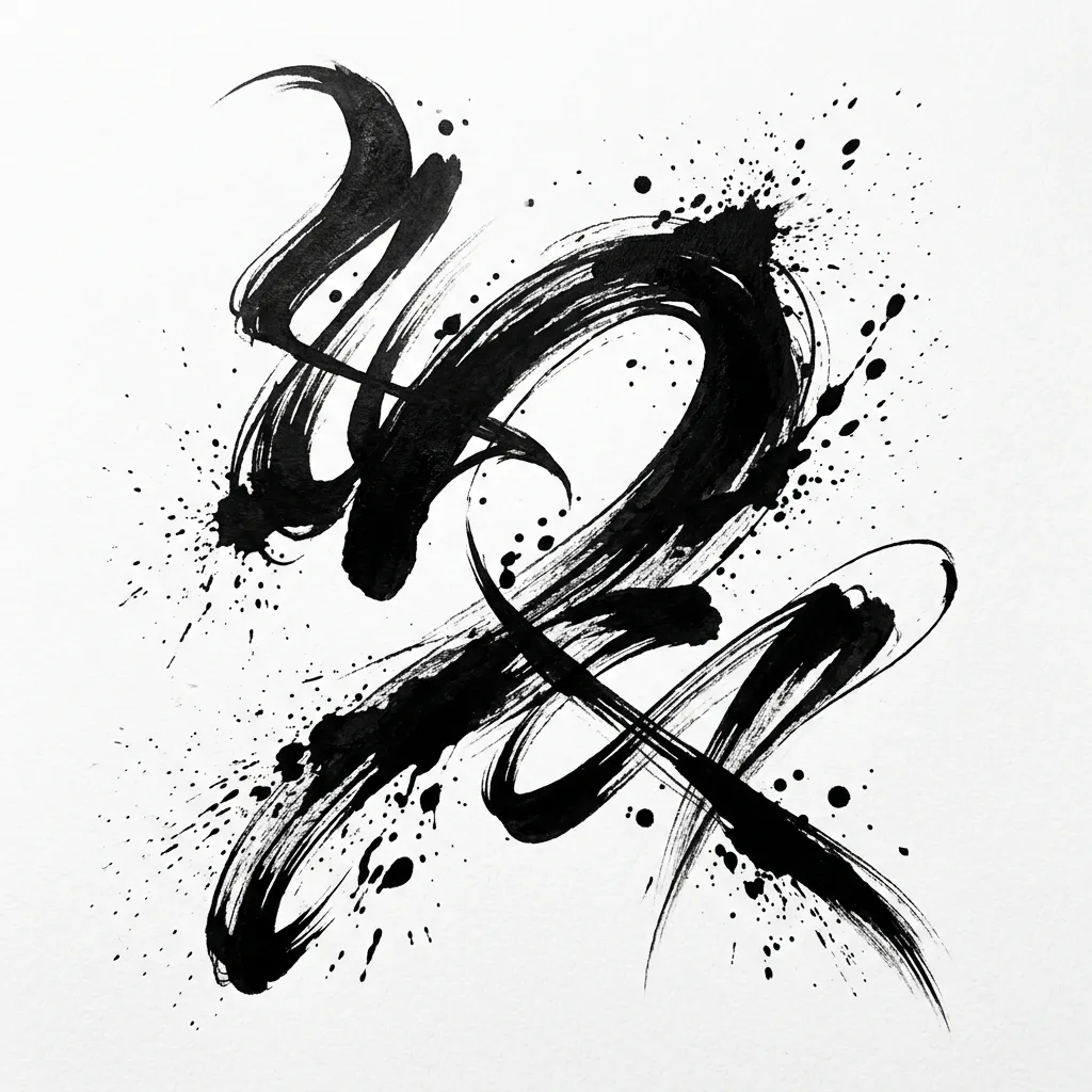 Abstract brushstroke tattoo with bold sumi-e inspired ink strokes and splatter