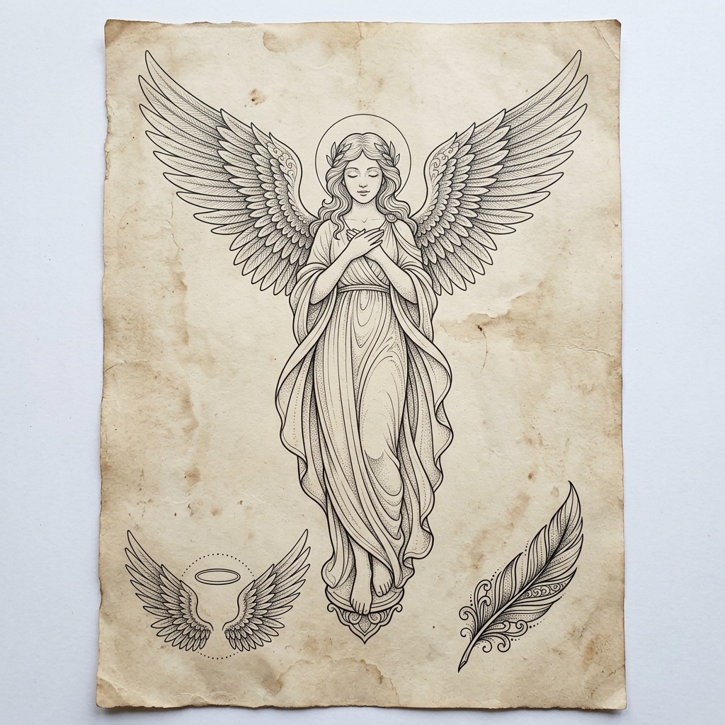 Angel Fine Line Tattoo