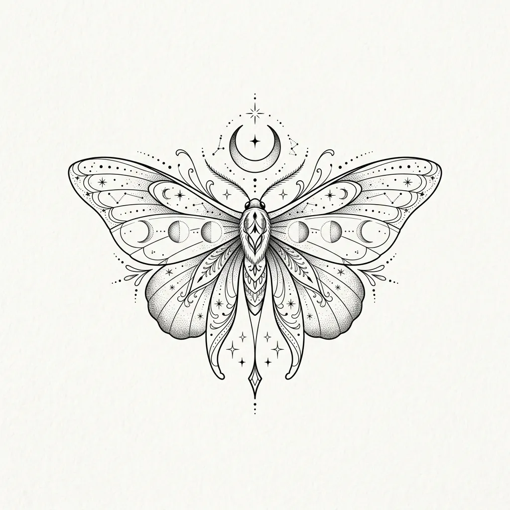 Fine line celestial moth with crescent moon phases and dotwork accents