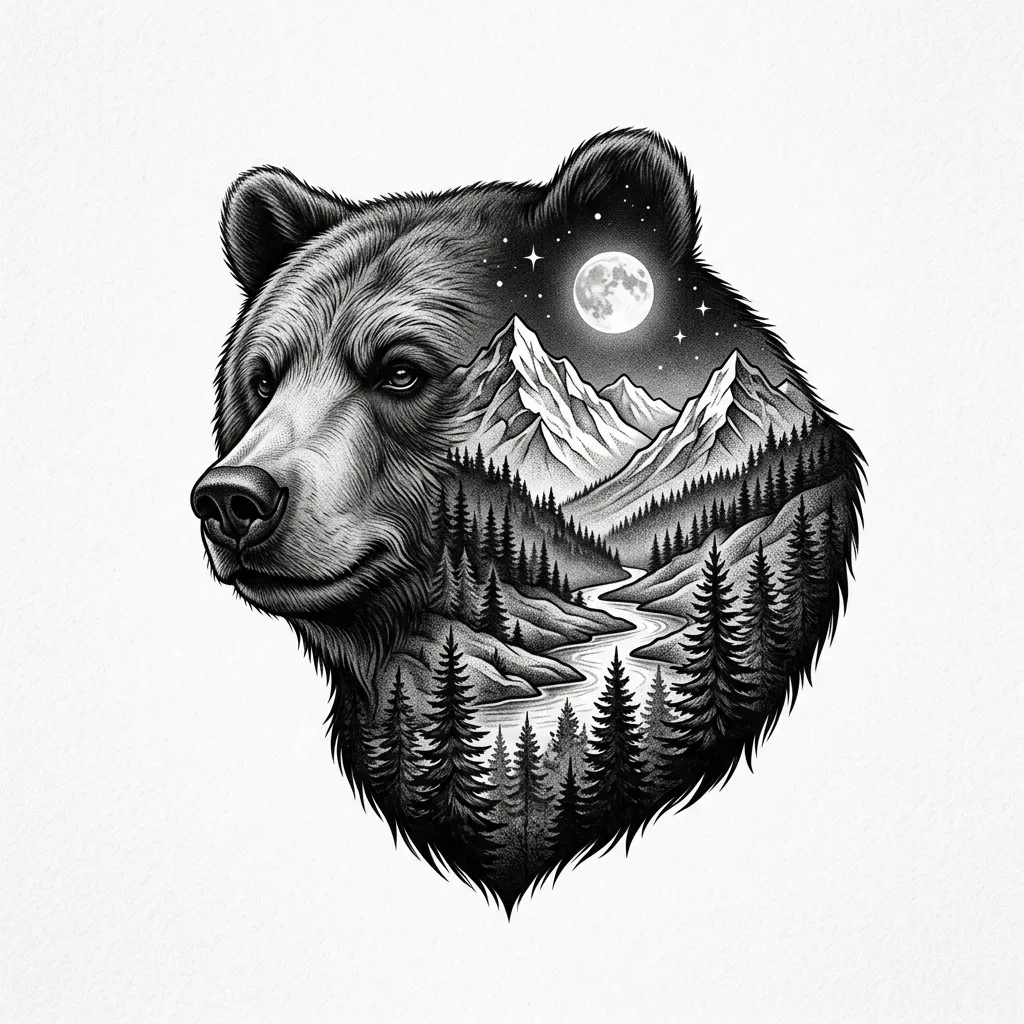 Surrealist double exposure bear with mountain forest landscape and full moon