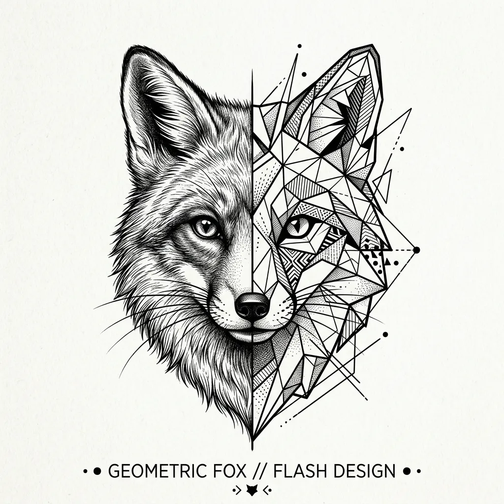 Geometric fox portrait split between realistic and geometric polygon halves