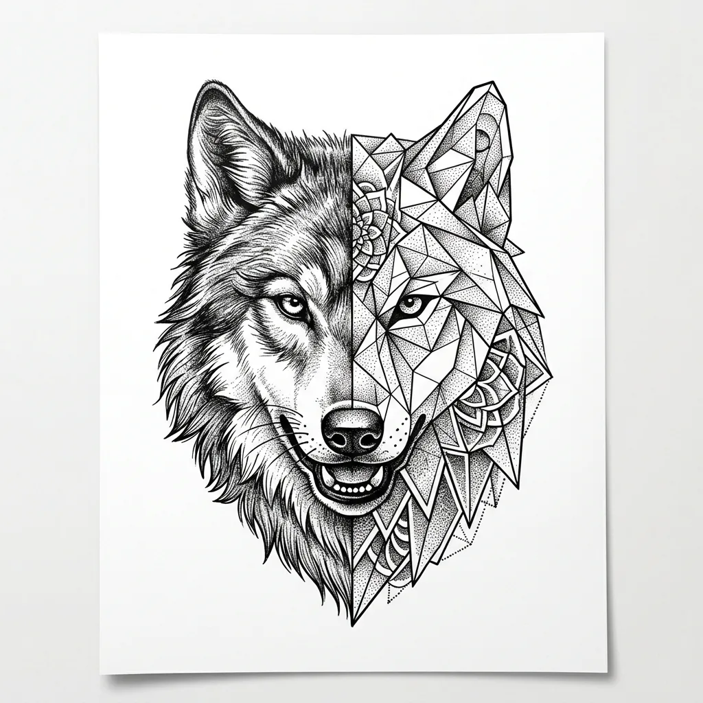 Geometric Wolf Dotwork tattoo design
