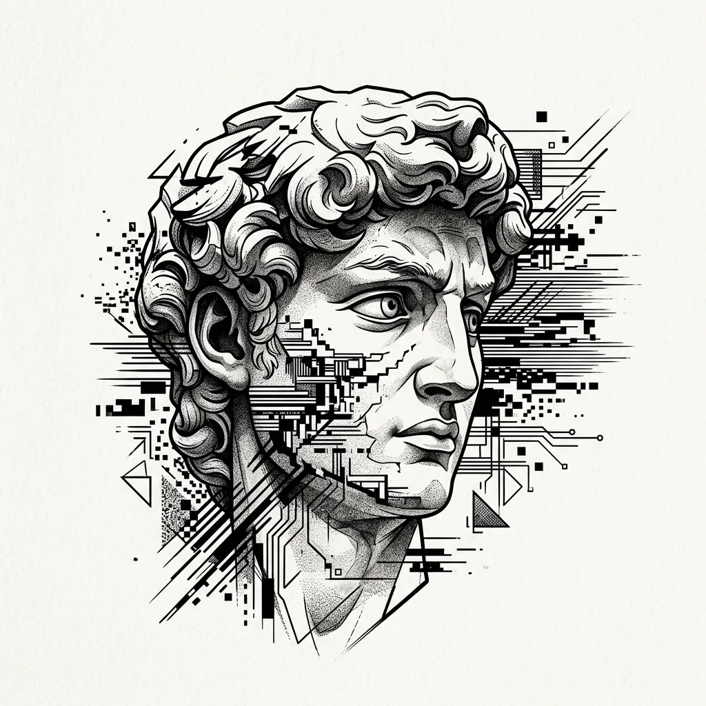 Abstract glitch portrait of classical statue with digital distortion and scan lines
