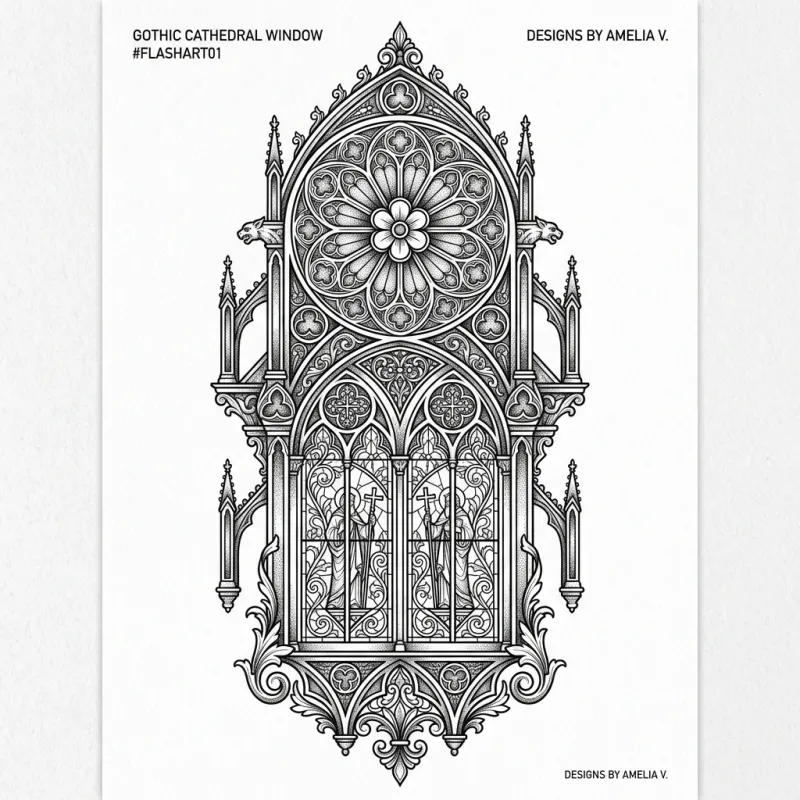 Gothic cathedral stained glass window ornamental tattoo