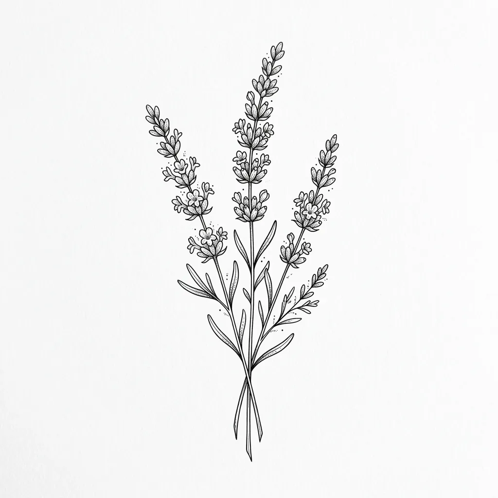 Delicate lavender sprig tattoo with three stems in fine line botanical style
