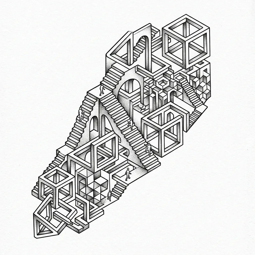 Escher-inspired impossible geometric staircase optical illusion tattoo