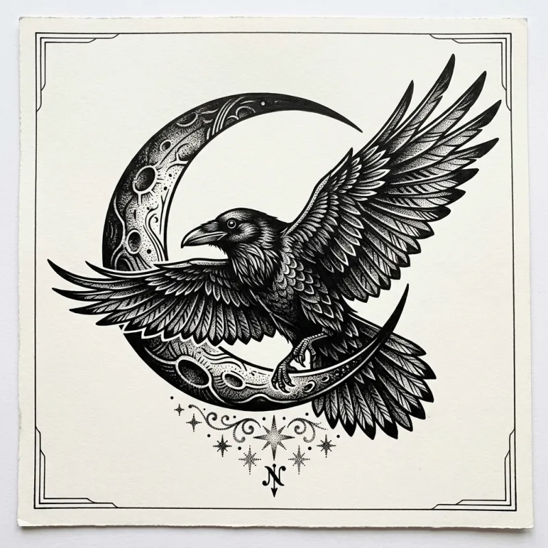 Raven and crescent moon blackwork tattoo
