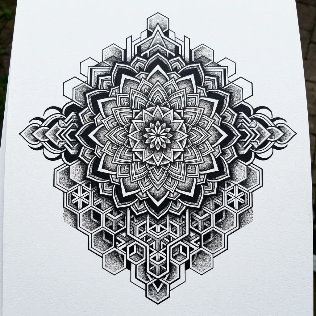 Sacred geometry blackwork mandala with hexagonal patterns and dotwork