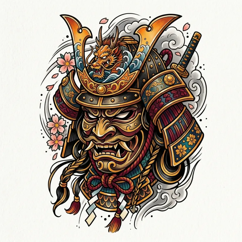 Samurai warrior mask neo traditional tattoo design
