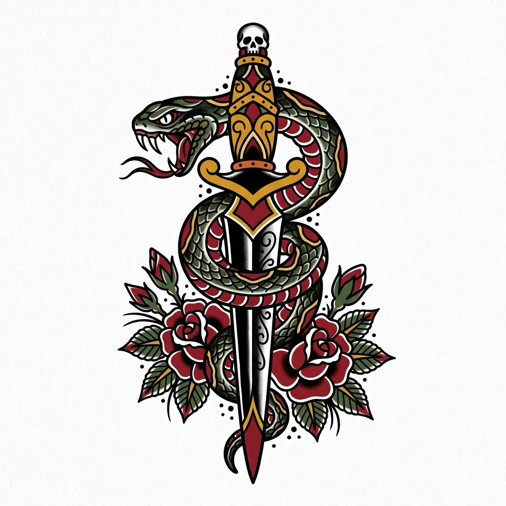 Traditional American serpent wrapped around dagger with roses