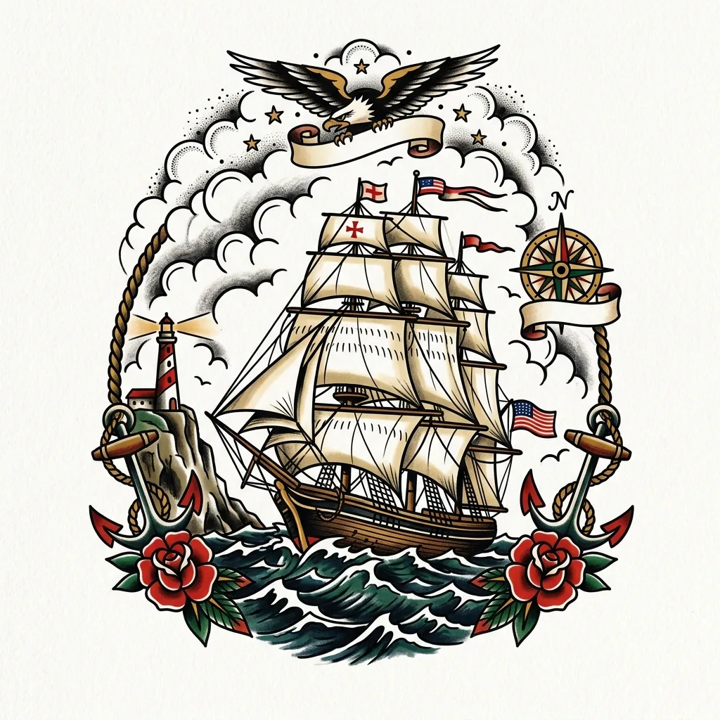 Ship Traditional tattoo design