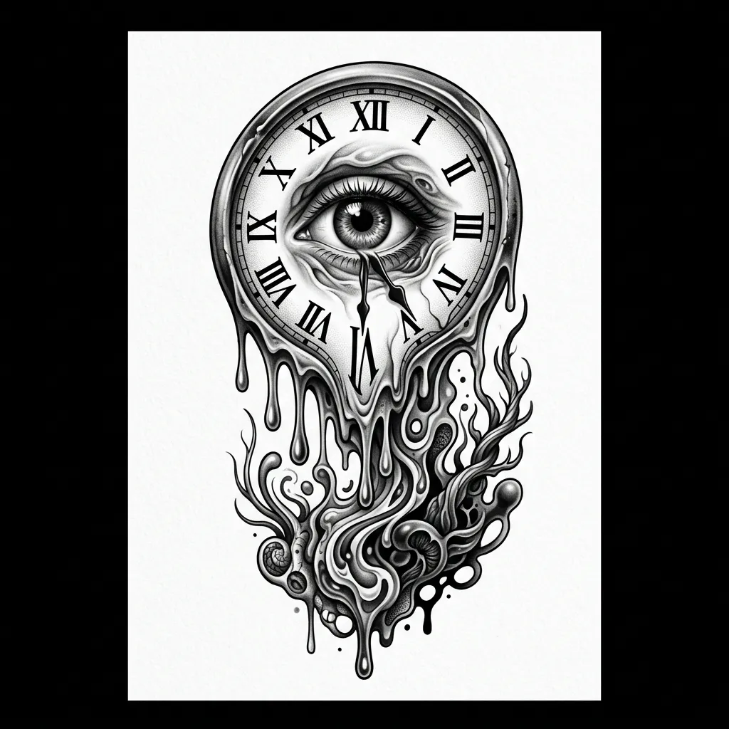 Surrealist melting clock with eye center in black and grey realism