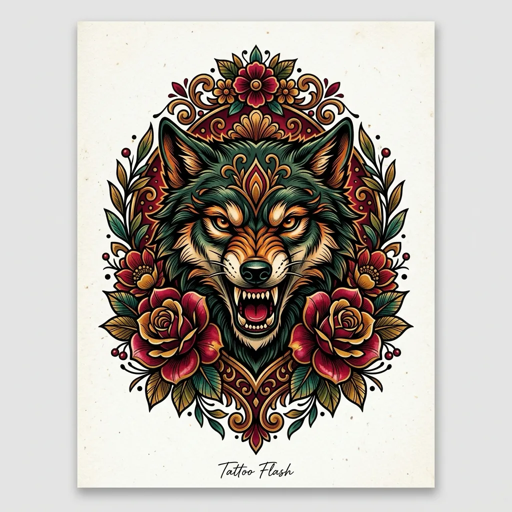 Neo traditional wolf head with ornamental flowers in deep reds and golds