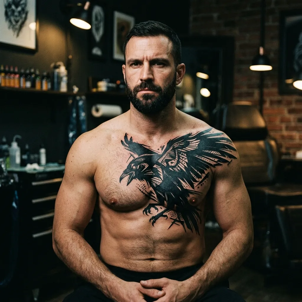 Abstract Raven Chest Tattoo