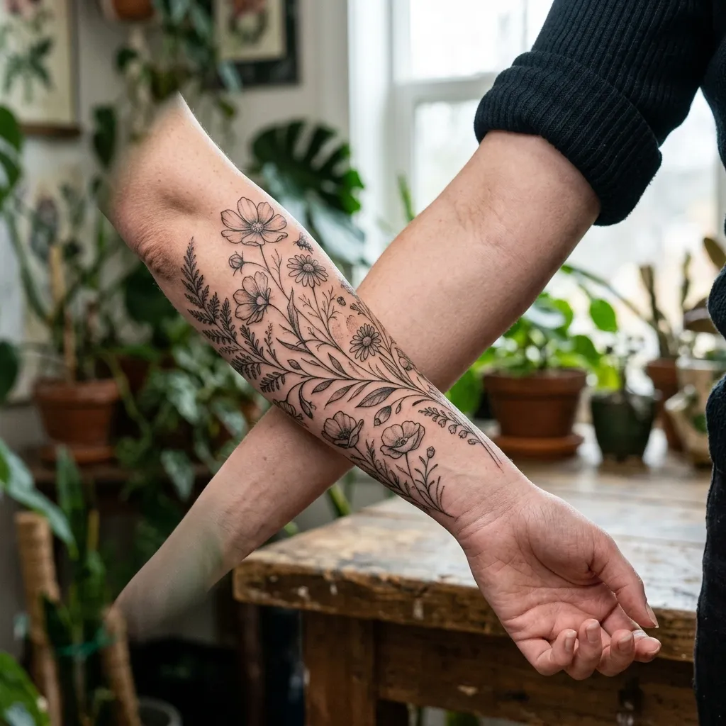 Botanical Wildflower Wrap Forearm Tattoo