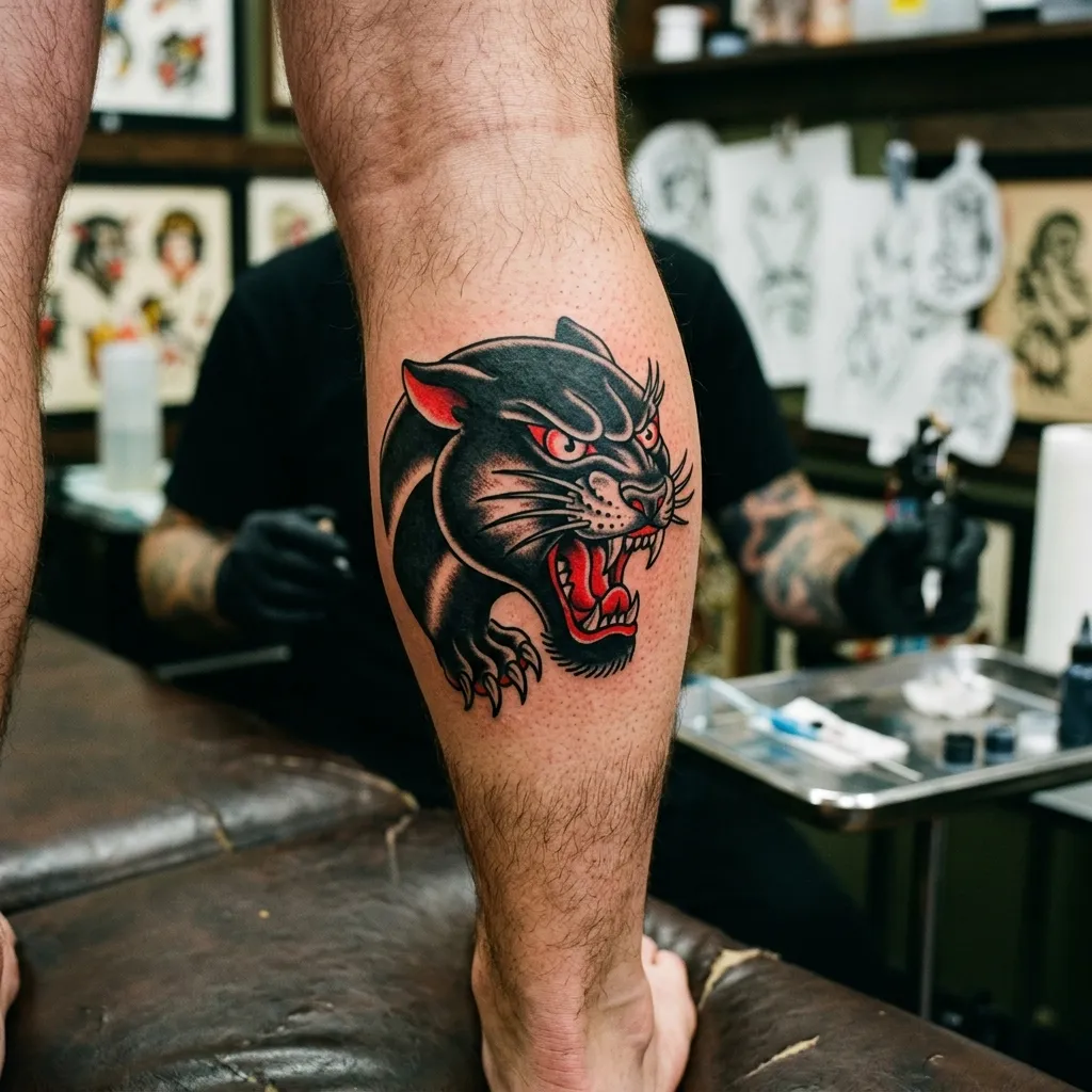 Classic Panther Head Calf Tattoo