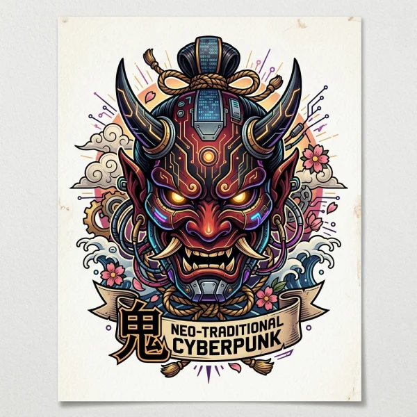 Cyberpunk Oni Mask Tattoo Design