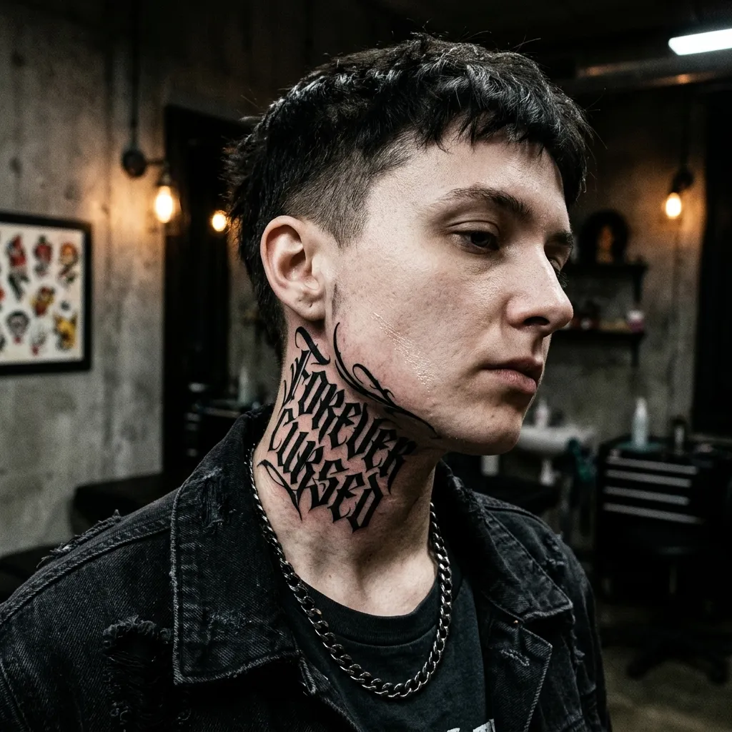 Gothic Script Neck Tattoo