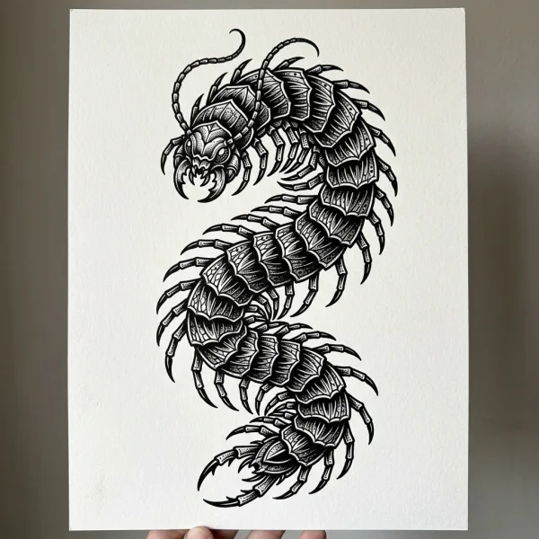 Heavy Blackwork Centipede Tattoo Design
