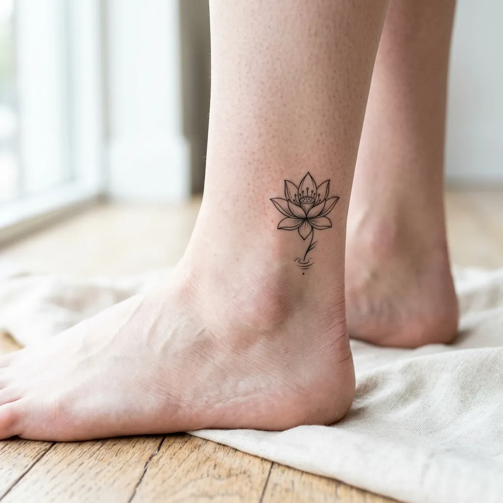 Minimalist Fine Line Lotus Ankle Tattoo