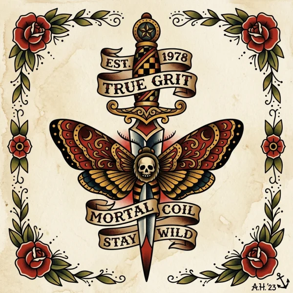 Traditional Dagger & Moth Tattoo Design